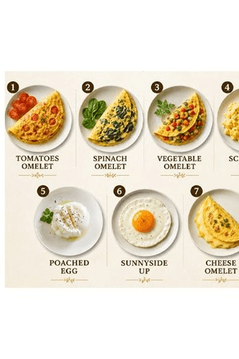 Choice Of Egg – Tomatoes Omelet, Spinach Omelet, Vegetable Omelet, Scramble Egg, Poached Egg, Sunnyside up, Cheese Omelet